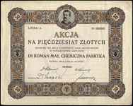 Dr. Roman May, Chemiczna Fabryka - Towarzystwo Akcyjne, akcja na 50 złotych, Poznań 15.05.1927, be..