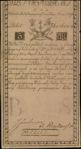 5 złotych 8.06.1794, seria N.A.1, numeracja 28157, w napisie błąd \wszlkich, mały fragment firmowego znaku wodnego