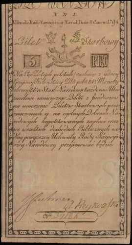 5 złotych 8.06.1794, seria N.D.1, numeracja 39184, widoczny firmowy znak wodny, Lucow 5g (R3), Miłczak A1a, wyśmienicie zachowane