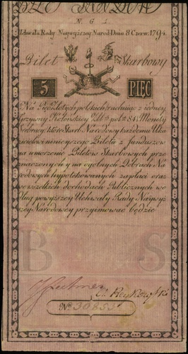 5 złotych 8.06.1794, seria N.G.1, numeracja 30853, widoczny fragment firmowego znaku wodnego, Lucow 8 (R6), Miłczak A1b, ładnie zachowane, po niewielkiej konserwacji