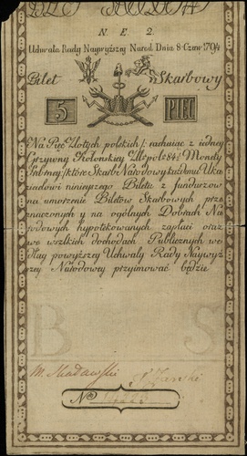 5 złotych 8.06.1794, seria N.E.2, numeracja 14223, w napisie błąd \wszlkich, widoczny fragment firmowego znaku wodnego