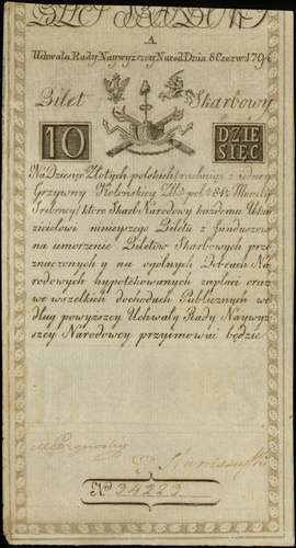 10 złotych 8.06.1794, seria A, numeracja 34223, 