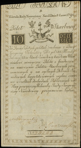 10 złotych 8.06.1794, seria B, numeracja 34248, 