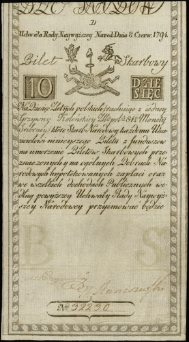 10 złotych 8.06.1794, seria D, numeracja 32230, 