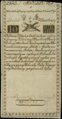 10 złotych 8.06.1794, seria F, numeracja 43648, 