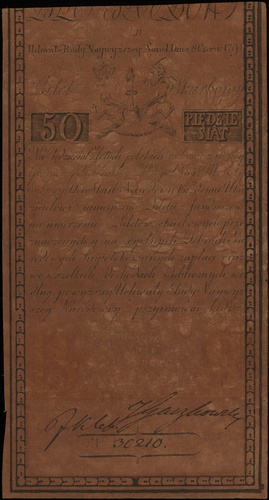 50 złotych 8.06.1794, seria B, numeracja 30210, bez firmowego znaku wodnego, Lucow 30e (R2) - ilustrowany w katalogu kolekcji, Miłczak A4, wyśmienicie zachowane, ciekawe naturalne przebarwienie papieru