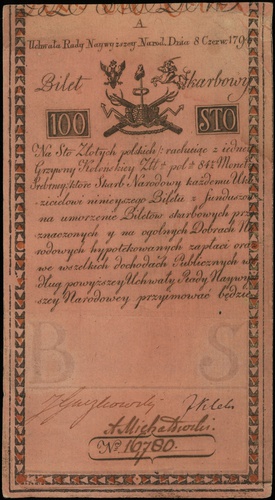 100 złotych 8.06.1794, seria A, numeracja 16780,