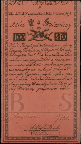 100 złotych 8.06.1794, seria B, numeracja 11225,