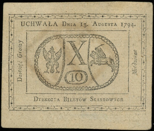10 groszy miedziane 13.08.1794, bez oznaczenia serii, bez numeracji, Lucow 40 (R1) - ilustrowany w katalogu kolekcji, Miłczak A9a, pięknie zachowane