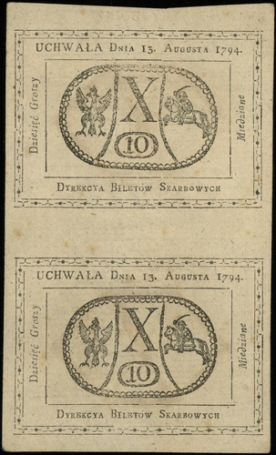 2 x 10 groszy miedziane 13.08.1794, bez oznaczenia serii, bez numeracji, dwa nierozcięte w pionie banknoty, Lucow 40a (R4) - ilustrowany w katalogu kolekcji, Miłczak A9a, pięknie zachowane