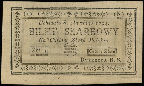 4 złote polskie 4.09.1794, seria 1-N, bez numera