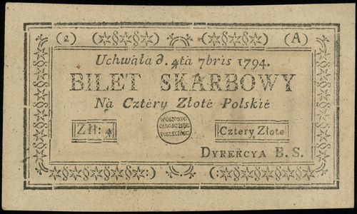 4 złote polskie 4.09.1794, seria 2-A, bez numeracji, Lucow 44a (R0) - ilustrowany w katalogu kolekcji, Miłczak A11a, wyśmienicie zachowane mimo kilku przebarwień na stronie odwrotnej