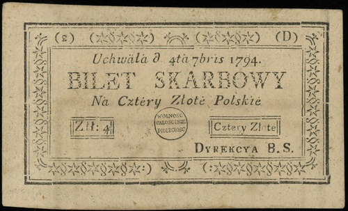4 złote polskie 4.09.1794, seria 2-D, bez numeracji, na stronie odwrotnej obrócony napis \F. Malinowski, Lucow 45a (R5?) - dołączony do kolekcji po wydrukowaniu katalogu