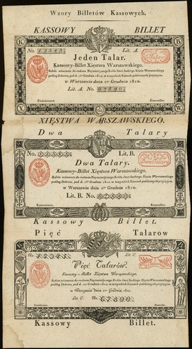 wzory biletów kasowych - 1, 2 i 5 talarów 1.12.1810, całość na jednym arkuszu z nagłówkiem \Wzory Billetów Kassowych, papier z bieżącym znakiem wodnym (prążkowany)