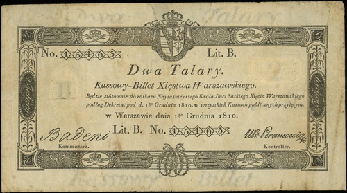2 talary 1.12.1810, seria B, numeracja 15463, podpis komisarza \Badeni, bez stempla komisji na stronie odwrotnej
