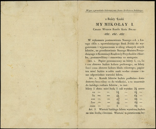 dekret królewski z 22.10.1830 o formie biletów z