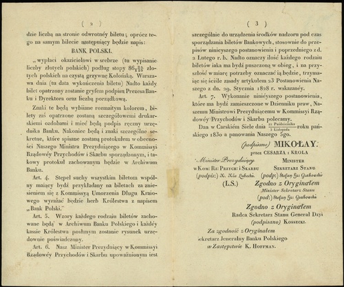 dekret królewski z 22.10.1830 o formie biletów z