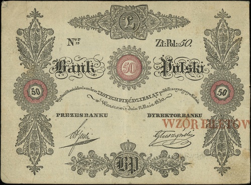 wzór strony głównej 50 złotych 1.05.1830, seria L, bez numeracji, podpis dyrektora banku \Głuszyński, czerwona pieczęć \"WZÓR BILETÓW, Lucow 126 (R9) - ilustrowany w katalogu kolekcji