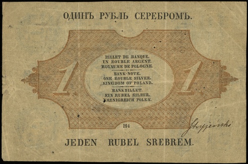 1 rubel srebrem 1864, seria 194, numeracja 1150519, podpis dyrektora banku \Wentzl, na stronie odwrotnej odręczny podpis