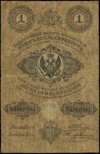 1 rubel srebrem 1866, seria 234, numeracja 13827861, podpis dyrektora banku \Higersberger, na stronie odwrotnej odręczny podpis
