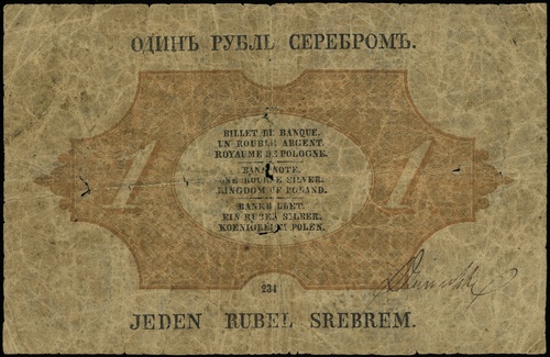 1 rubel srebrem 1866, seria 234, numeracja 13827861, podpis dyrektora banku \Higersberger, na stronie odwrotnej odręczny podpis