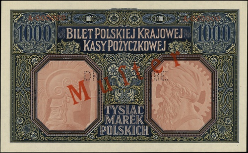 1.000 marek polskich 9.12.1916, druk tylko strony odwrotnej, seria A, numeracja 000000, w środku poziomo perforacja \DRUCKPROBE, ukośny czerwony nadruk \"Muster, Lucow 304a (R7)