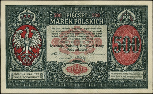 500 marek polskich 15.01.1919, bez oznaczenia serii, numeracja 826627, Lucow 312 (R5), Miłczak 17, parę załamań, ale bardzo ładnie zachowane