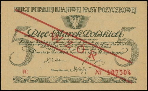 5 marek polskich 17.05.1919, seria IC, numeracja 107504, po obu stronach ukośny czerwony nadruk \WZÓR, Lucow 327 (R5)