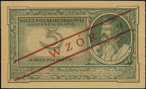 5 marek polskich 17.05.1919, seria IC, numeracja 107504, po obu stronach ukośny czerwony nadruk \WZÓR, Lucow 327 (R5)