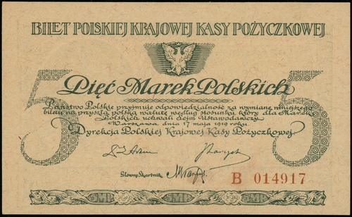 5 marek polskich 17.05.1919, seria B, numeracja 014917, Lucow 328 (R2), Miłczak 20b, jedno przegięcie, ale pięknie zachowane