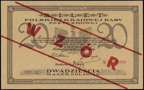 20 marek polskich 17.05.1919, seria A, numeracja 000000, po obu stronach ukośny czerwony nadruk \WZÓR, Lucow 331 (R6)