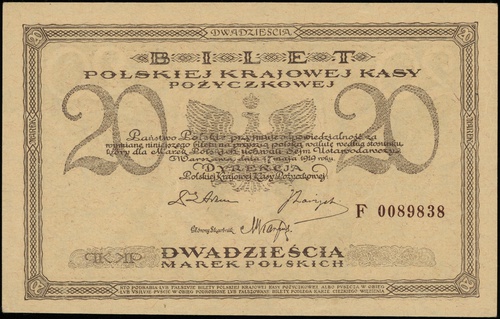 20 marek polskich 17.05.1919, seria F, numeracja 0089838, Lucow 334 (R3), Miłczak 21c, lewy dolny róg lekko załamany, piękny egzemplarz