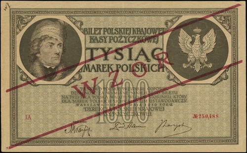 1.000 marek polskich 17.05.1919, seria IA, numeracja 250,488, po obu stronach ukośny czerwony nadruk \WZÓR, Lucow 339 (R5)