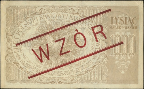 1.000 marek polskich 17.05.1919, seria ZE, numeracja 025781✻, po obu stronach ukośny czerwony nadruk \WZÓR, Lucow 340 (R5)