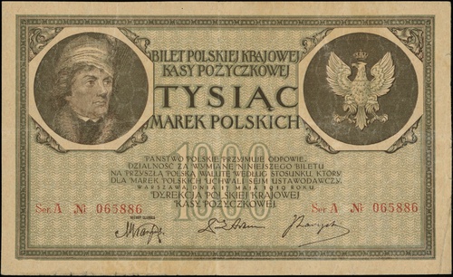 1.000 marek polskich 17.05.1919, seria A, numeracja 065886, Lucow 346 (R5), Miłczak 22c, kilka złamań, postrzępione marginesy i przybrudzony papier
