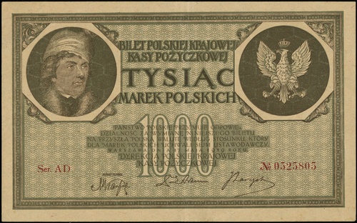 1.000 marek polskich 17.05.1919, seria AD, numeracja 0525805, Lucow 349 (R4), Miłczak 22f, załamanie w połowie i w lewym górnym rogu