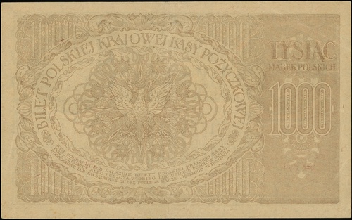 1.000 marek polskich 17.05.1919, seria AD, numeracja 0525805, Lucow 349 (R4), Miłczak 22f, załamanie w połowie i w lewym górnym rogu