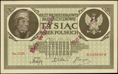 1.000 marek polskich 17.05.1919, seria ZAB, numeracja 646690✻, po obu stronach dwukrotnie ukośna różowa pieczęć \Bez wartości, Lucow 352 (R4)
