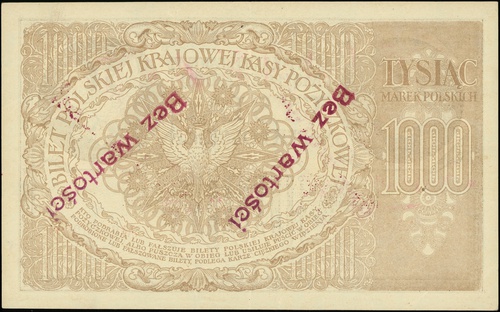 1.000 marek polskich 17.05.1919, seria ZAB, numeracja 646690✻, po obu stronach dwukrotnie ukośna różowa pieczęć \Bez wartości, Lucow 352 (R4)