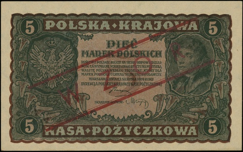 5 marek polskich 23.08.1919, seria II-CX, numeracja 657,350, po obu stronach ukośny czerwony nadruk \WZÓR, Lucow 364 (R4)