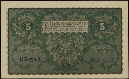 5 marek polskich 23.08.1919, seria II-A, numeracja 269,743, Lucow 367 (R1) - ilustrowany w katalogu kolekcji, Miłczak 24a, wyśmienity egzemplarz