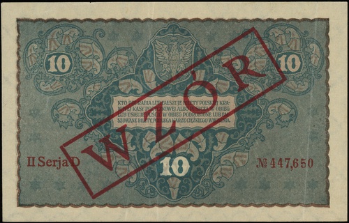 10 marek polskich 23.08.1919, seria II-D, numeracja 447,650, po obu stronach ukośny czerwony nadruk \WZÓR, Lucow 369 (R3)