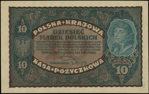 10 marek polskich 23.08.1919, seria II-Z, numeracja 932,149, Lucow 373 (R1) - ilustrowany w katalogu kolekcji, Miłczak 25a, niezauważalne ślady niewielkich zagięć, ale wyśmienity egzemplarz