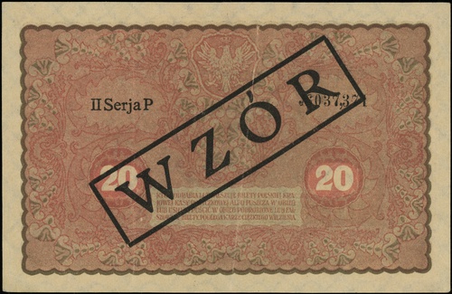 20 marek polskich 23.08.1919, seria II-P, numeracja 037,371, po obu stronach ukośny czarny nadruk \WZÓR, Lucow 375 (R3)