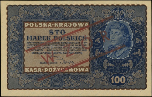 100 marek polskich 23.08.1919, seria IH-A, numeracja 663873, po obu stronach ukośny czerwony nadruk \WZÓR, Lucow 384 (R4)