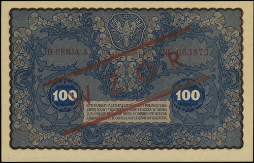 100 marek polskich 23.08.1919, seria IH-A, numeracja 663873, po obu stronach ukośny czerwony nadruk \WZÓR, Lucow 384 (R4)