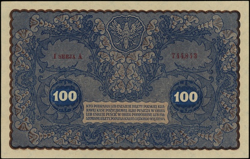 100 marek polskich 23.08.1919, seria I-A, numeracja 744,843, Lucow 386 (R2) - dołączony do kolekcji po wydrukowaniu katalogu, Miłczak 27a, wyśmienity egzemplarz