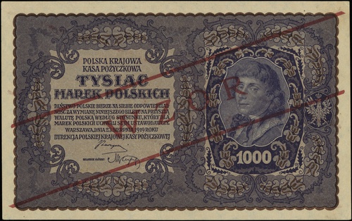 1.000 marek polskich 23.08.1919, seria I-E, numeracja 528092, po obu stronach ukośny czerwony nadruk \WZÓR, Lucow 397 (R4)