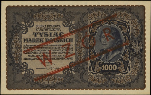 1.000 marek polskich 23.08.1919, seria III-AT, numeracja 818277, po obu stronach ukośny czerwony nadruk \WZÓR, Lucow 402 (R4)