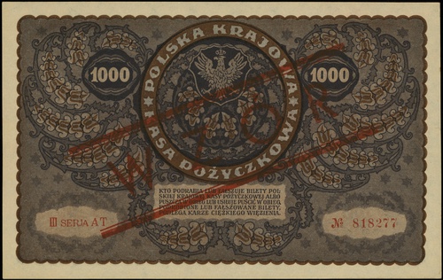1.000 marek polskich 23.08.1919, seria III-AT, numeracja 818277, po obu stronach ukośny czerwony nadruk \WZÓR, Lucow 402 (R4)